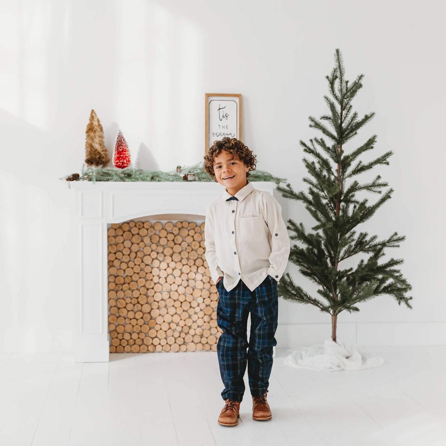 Boys Blue Plaid Cord Set, with Linen Shirt with Bow