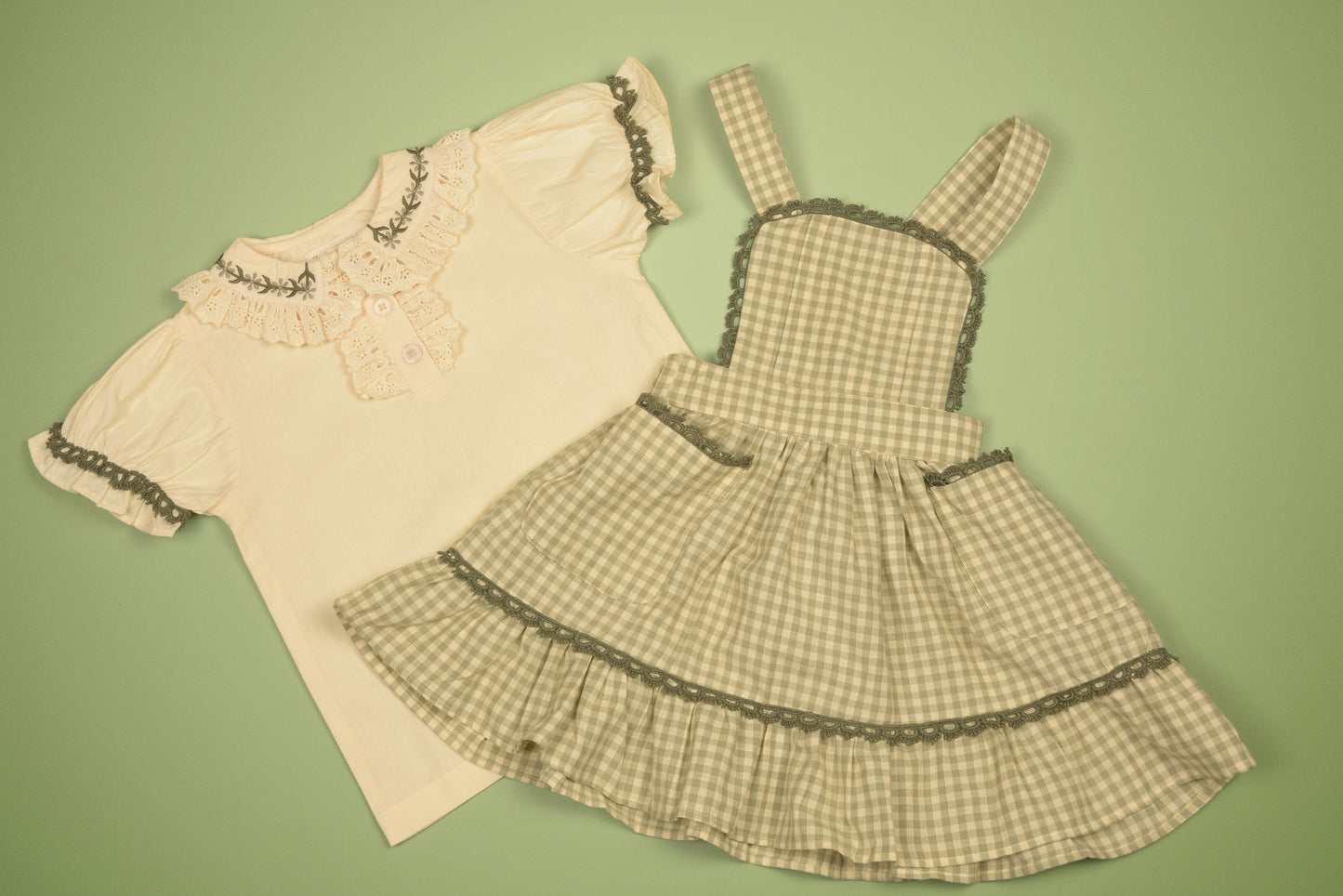 Green Gingham Pinafore Dress and Blouse Set