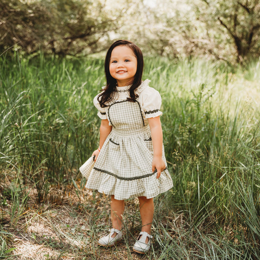 Green Gingham Pinafore Dress and Blouse Set