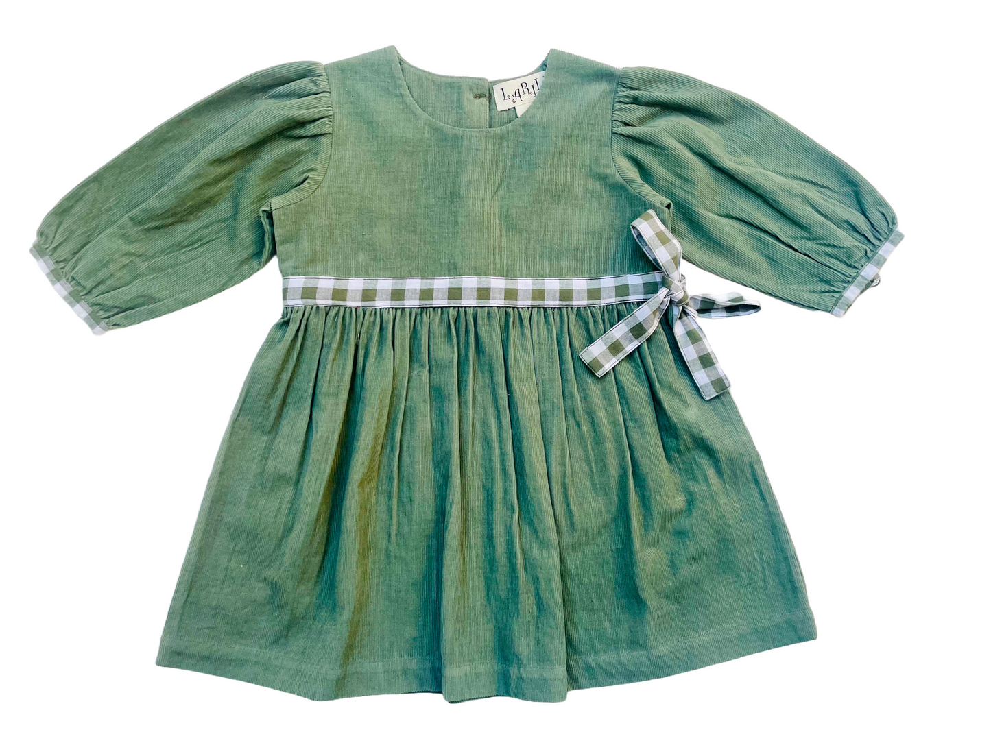 Jade Green Corduroy Gingham Long Sleeve Girl's Dress