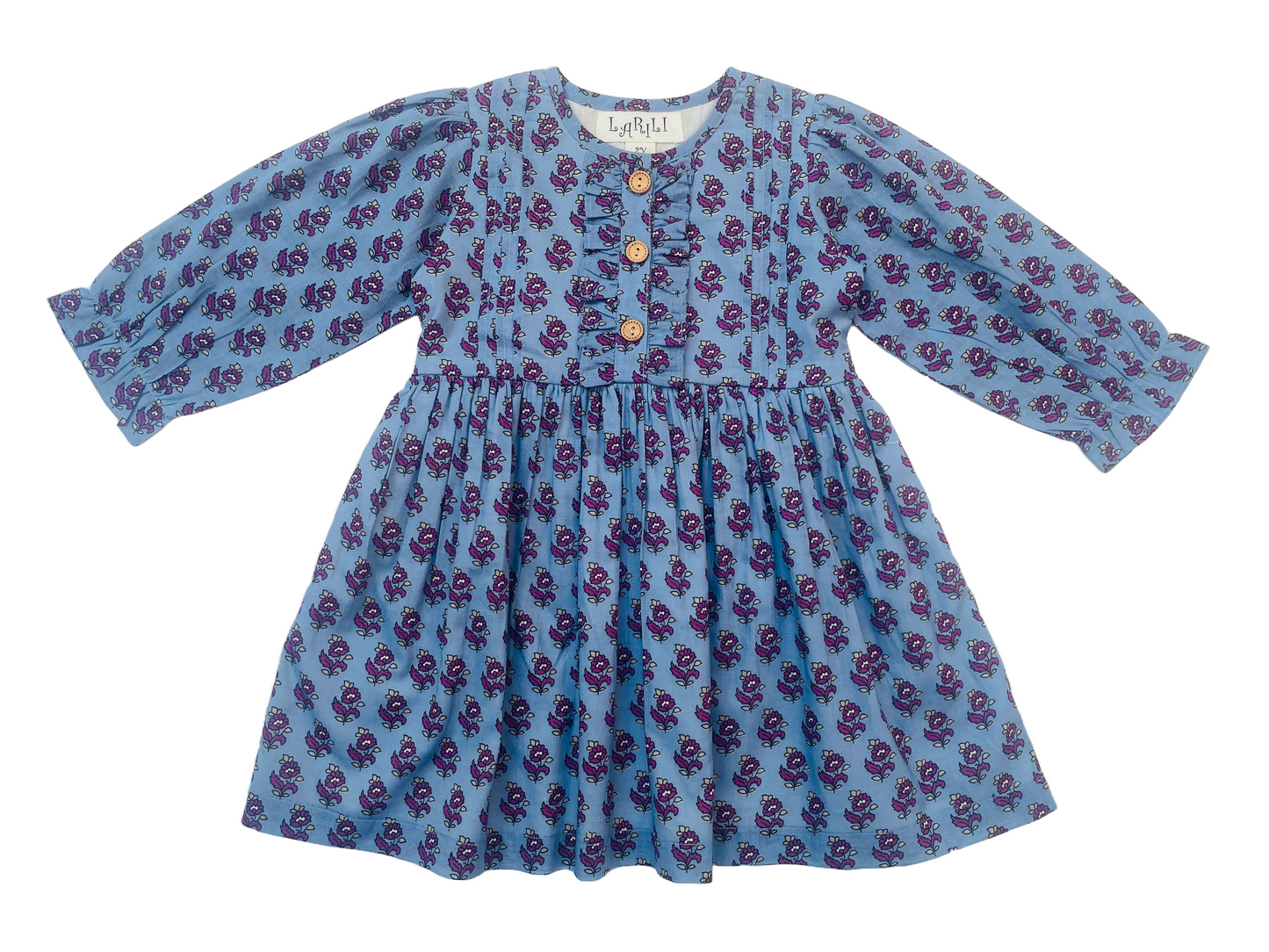 Long Sleeves Pale Blue Hand Block Printed Girl's Dress