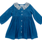 Long Sleeves Blue Corduroy Lace Collar Girl's Dress