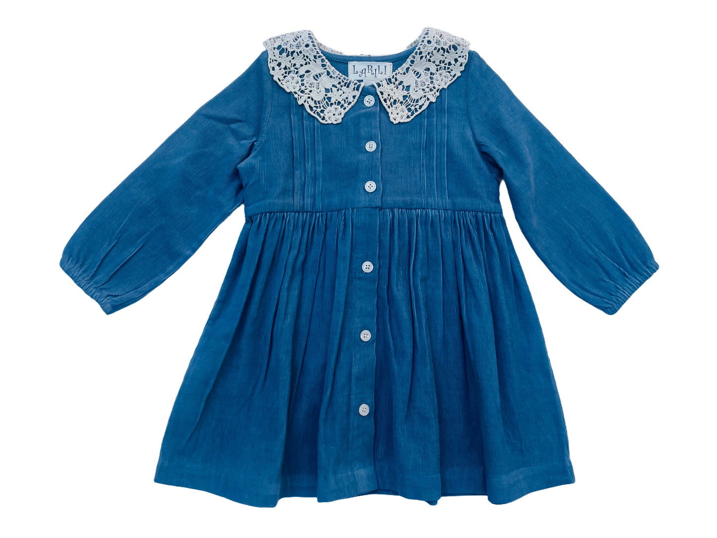 Long Sleeves Blue Corduroy Lace Collar Girl's Dress