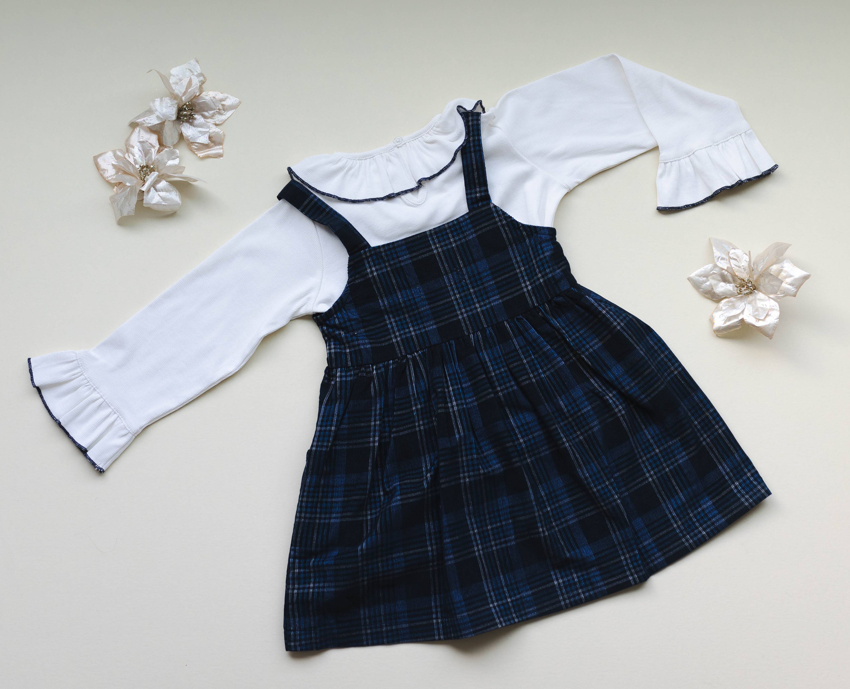 Pinafore Dress in Blue Plaid Cord With Ribbed Top