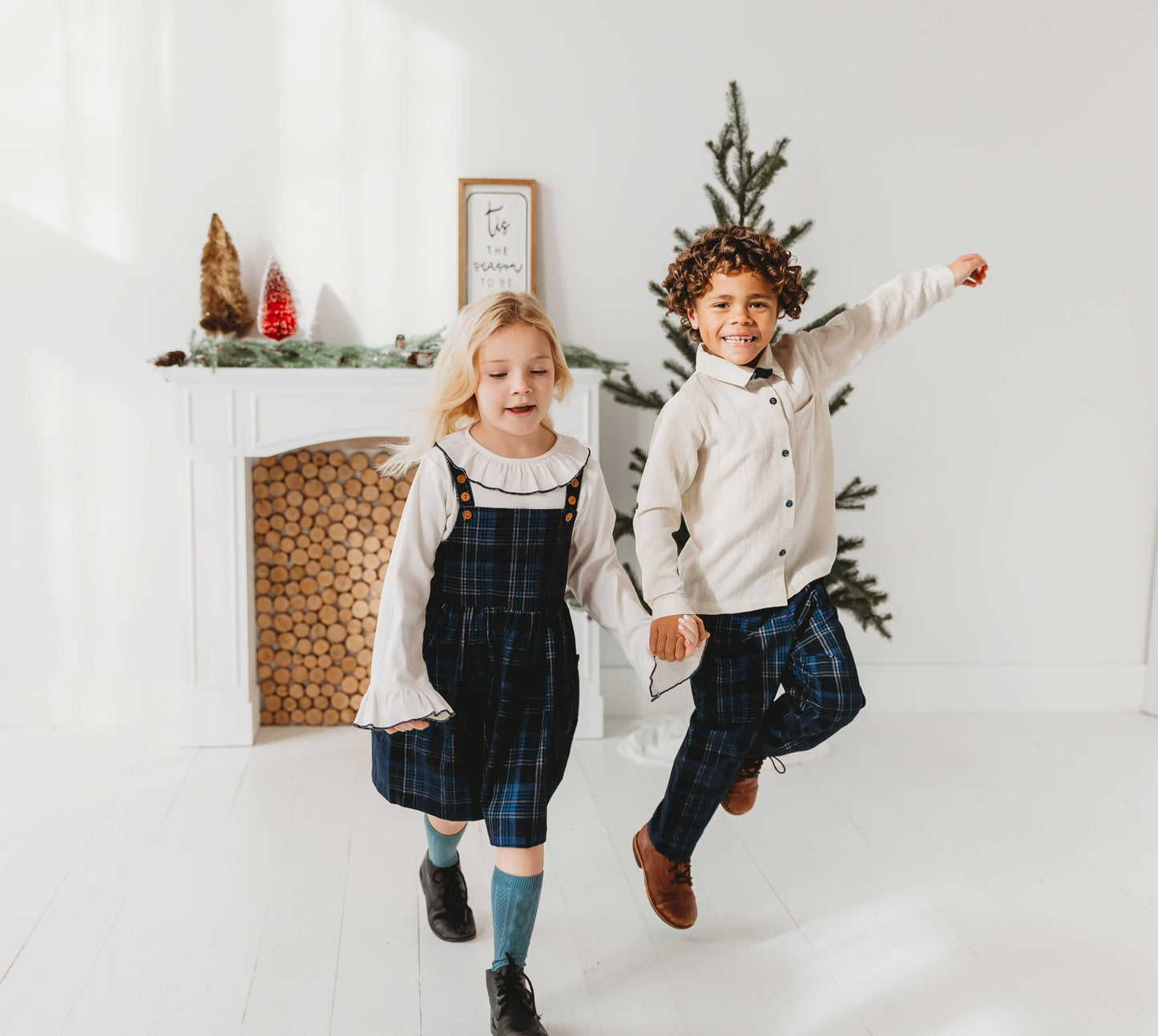 Boys Blue Plaid Cord Set, with Linen Shirt with Bow