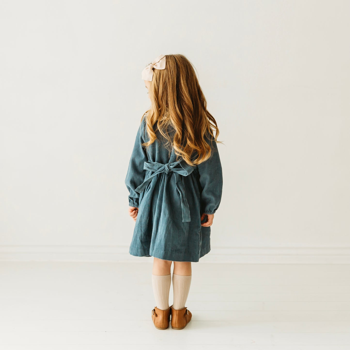 Long Sleeves Blue Corduroy Lace Collar Girl's Dress