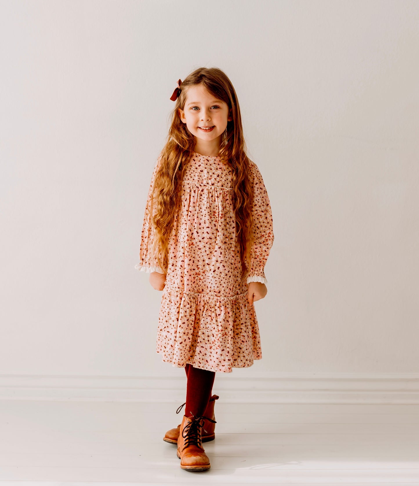 Long Sleeves Pink Ditsy Floral Tiered Girl's Dress