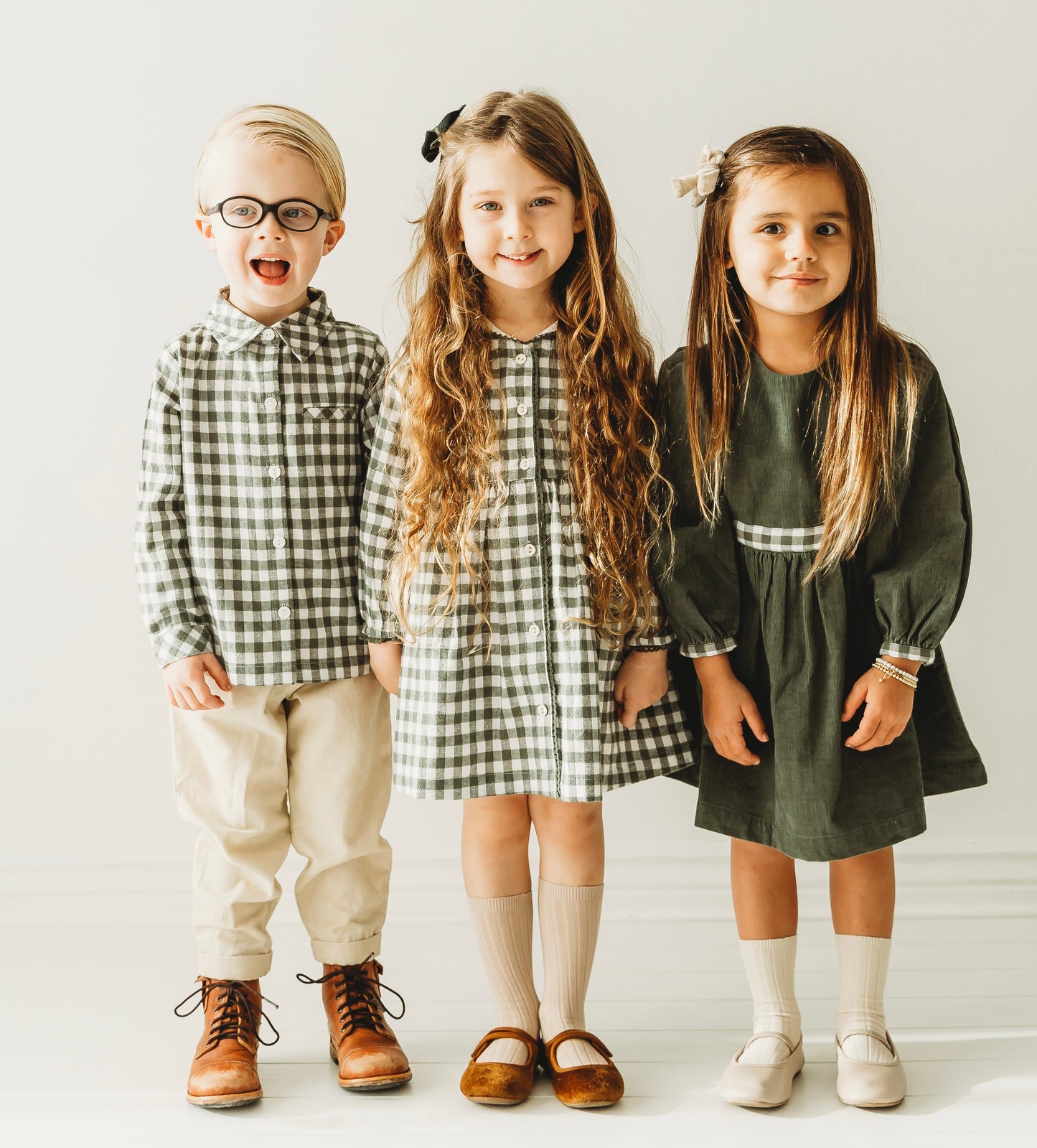 Jade Green Corduroy Gingham Long Sleeve Girl's Dress