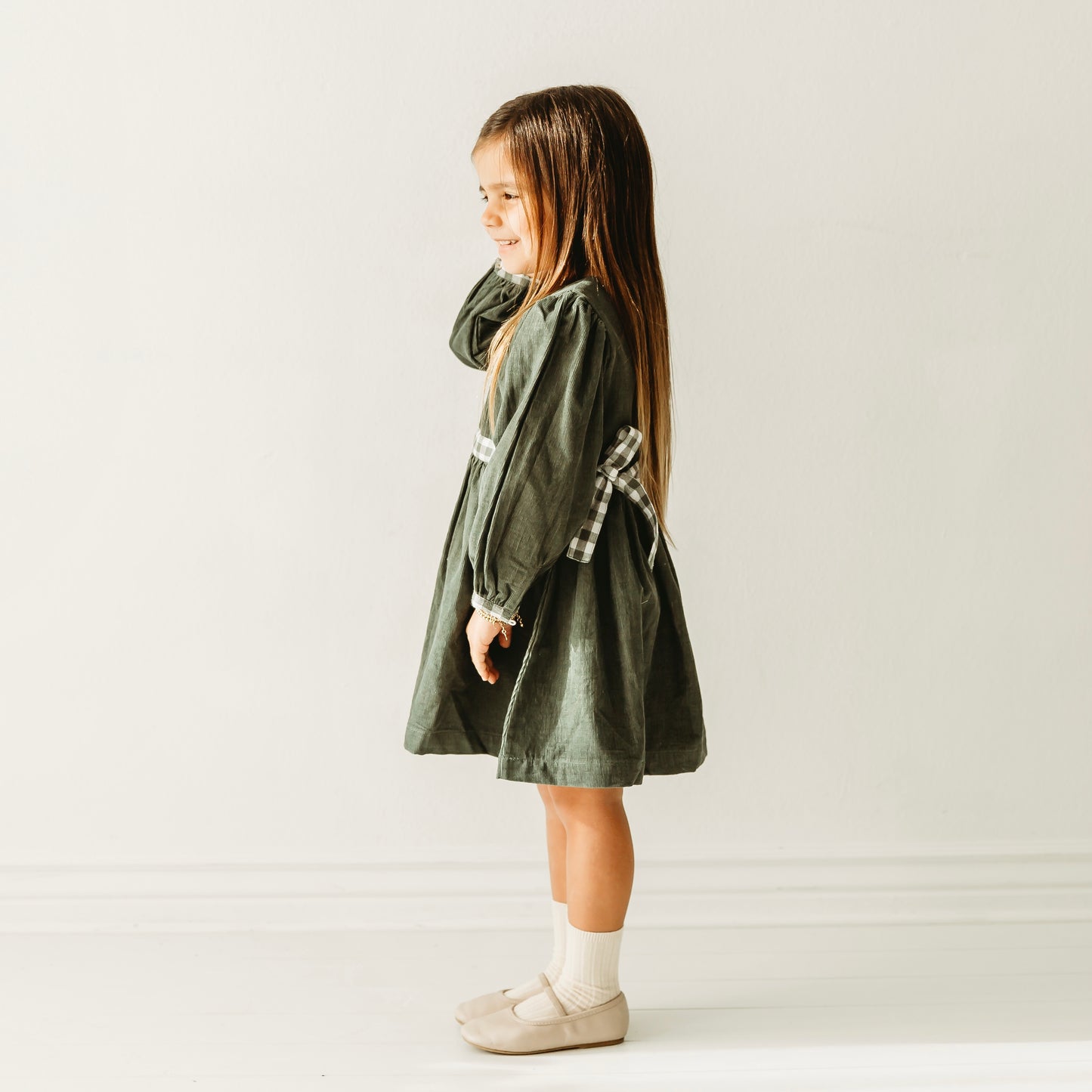 Jade Green Corduroy Gingham Long Sleeve Girl's Dress