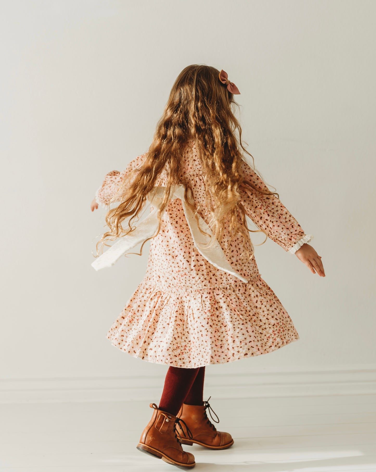 Long Sleeves Pink Ditsy Floral Tiered Girl's Dress