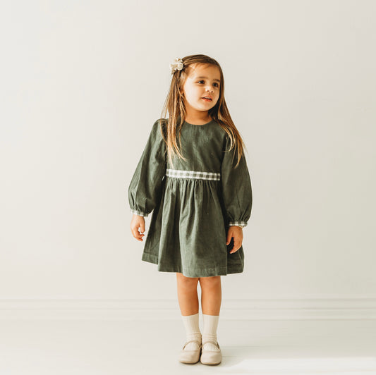 Jade Green Corduroy Gingham Long Sleeve Girl's Dress