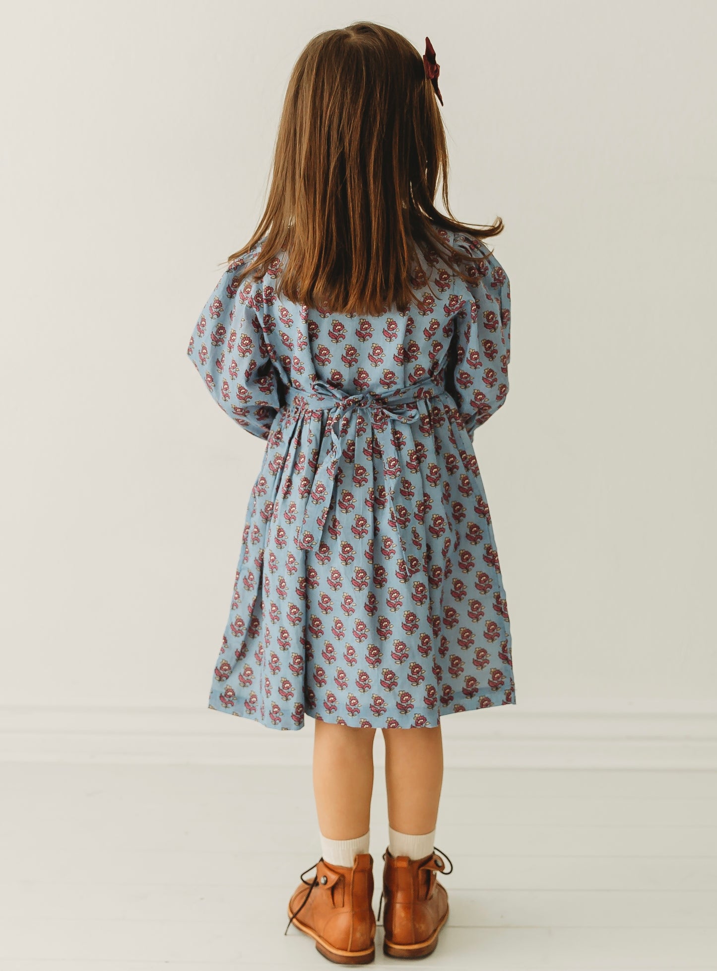 Long Sleeves Pale Blue Hand Block Printed Girl's Dress