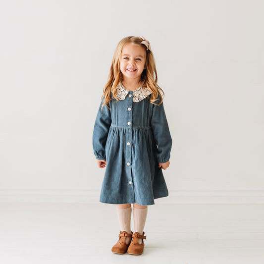 Long Sleeves Blue Corduroy Lace Collar Girl's Dress