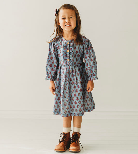 Long Sleeves Pale Blue Hand Block Printed Girl's Dress