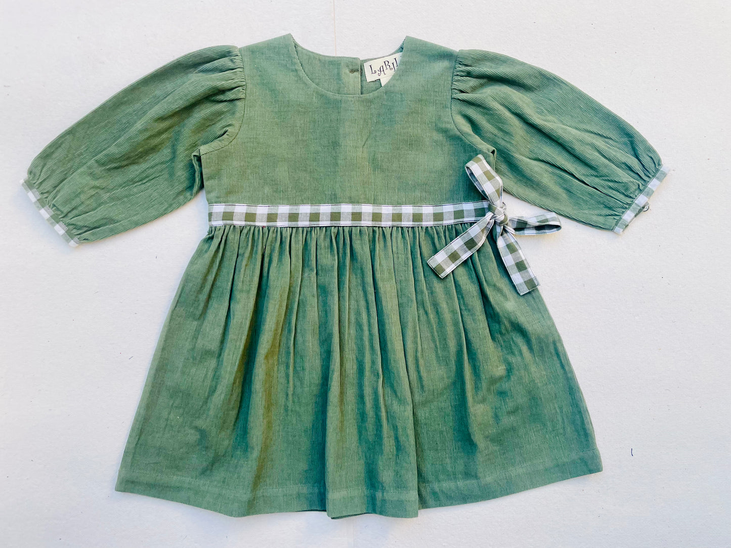 Jade Green Corduroy Gingham Long Sleeve Girl's Dress