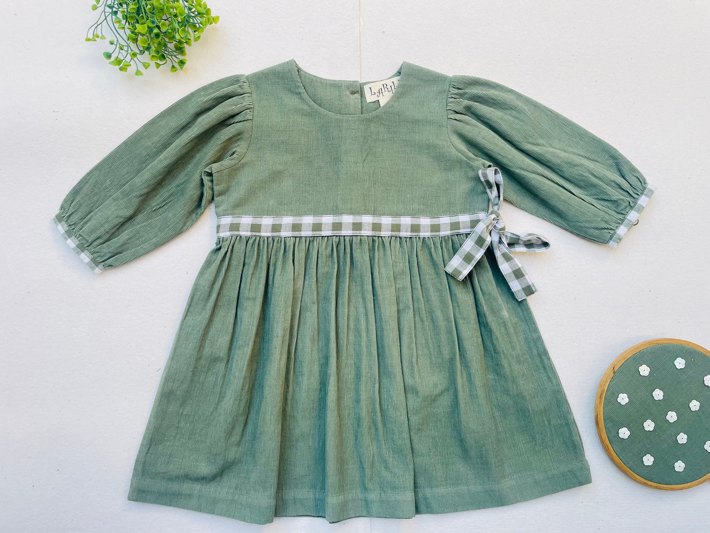 Jade Green Corduroy Gingham Long Sleeve Girl's Dress