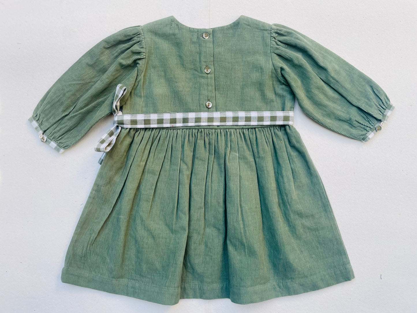 Jade Green Corduroy Gingham Long Sleeve Girl's Dress