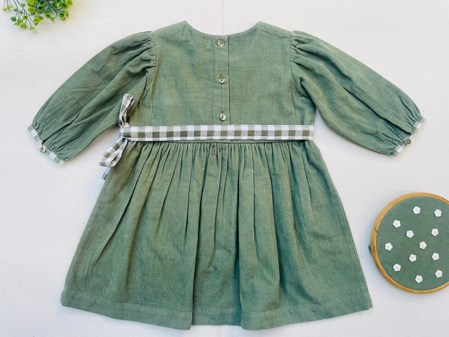 Jade Green Corduroy Gingham Long Sleeve Girl's Dress