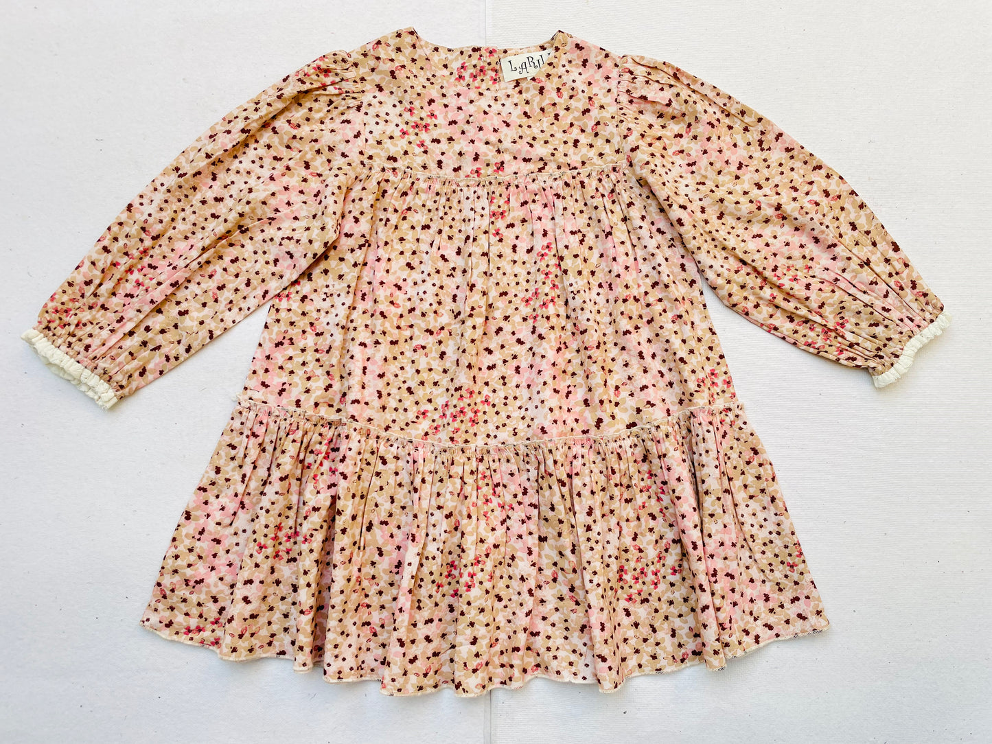 Long Sleeves Pink Ditsy Floral Tiered Girl's Dress