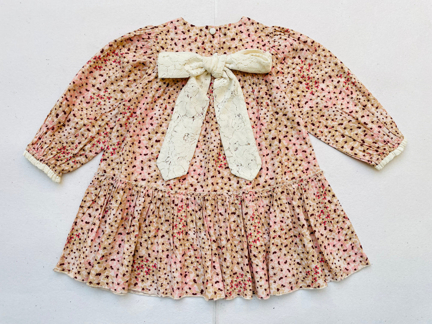 Long Sleeves Pink Ditsy Floral Tiered Girl's Dress