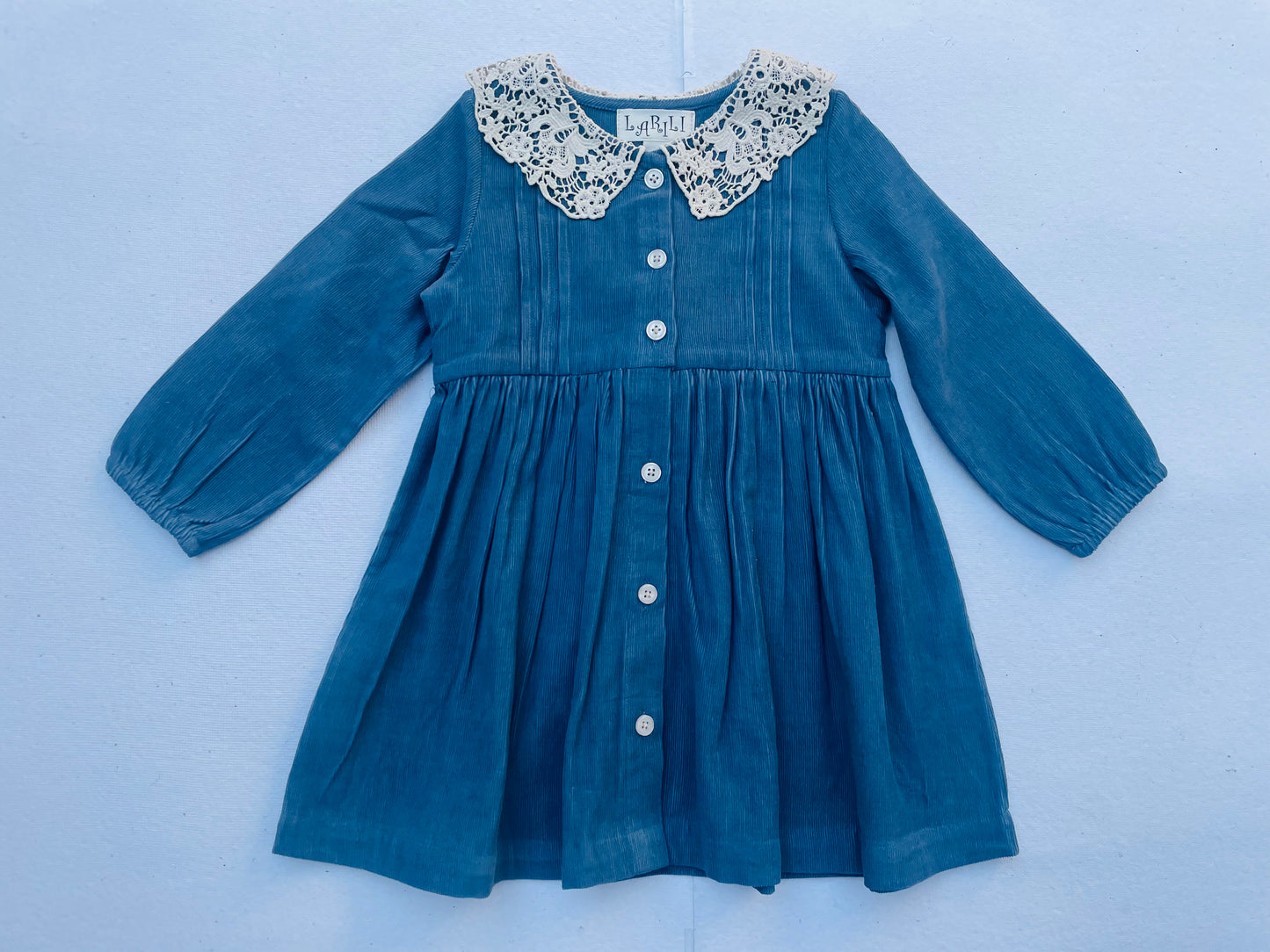 Long Sleeves Blue Corduroy Lace Collar Girl's Dress