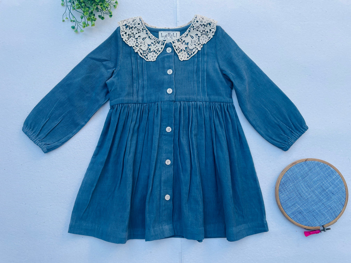 Long Sleeves Blue Corduroy Lace Collar Girl's Dress