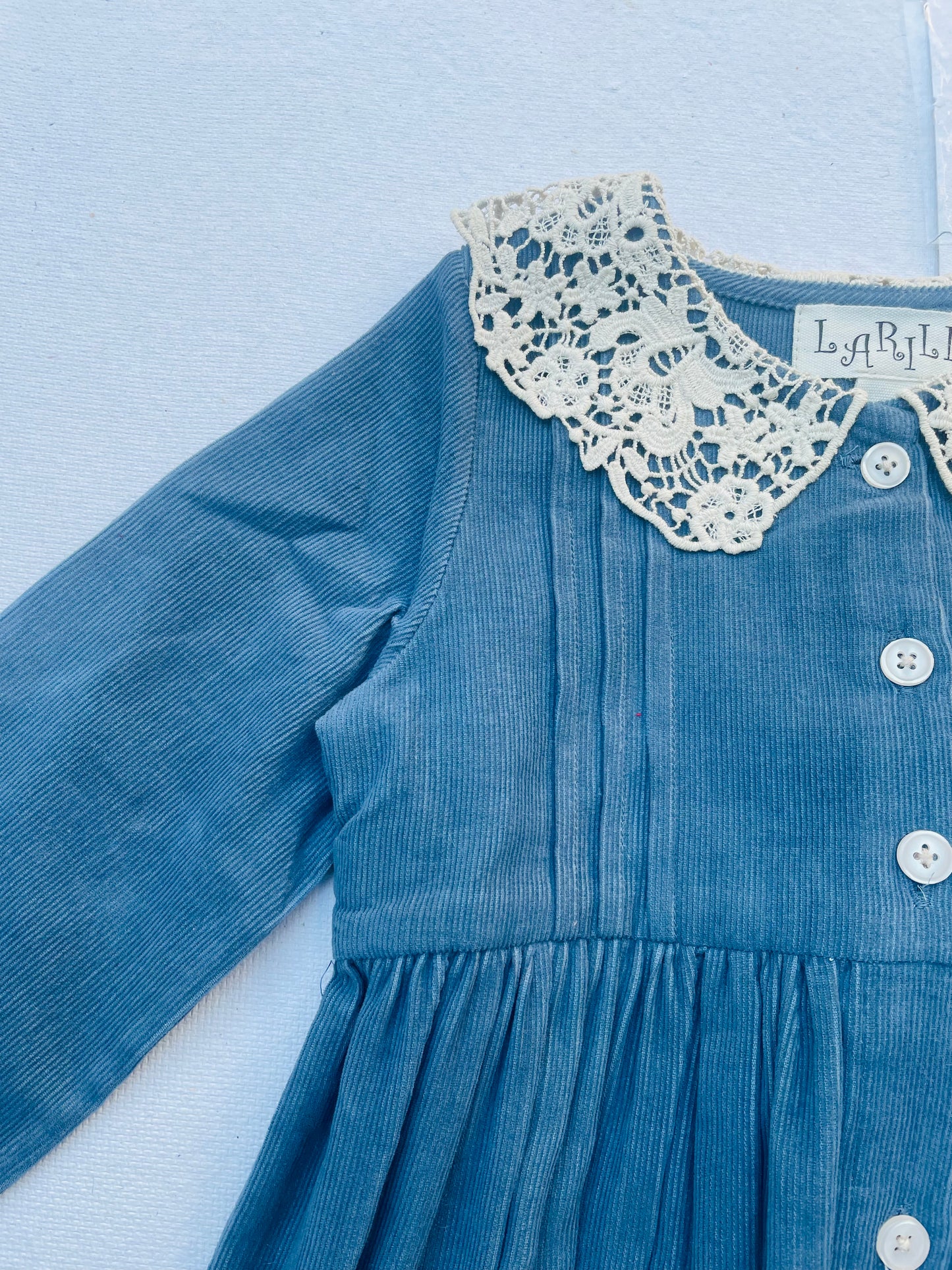 Long Sleeves Blue Corduroy Lace Collar Girl's Dress