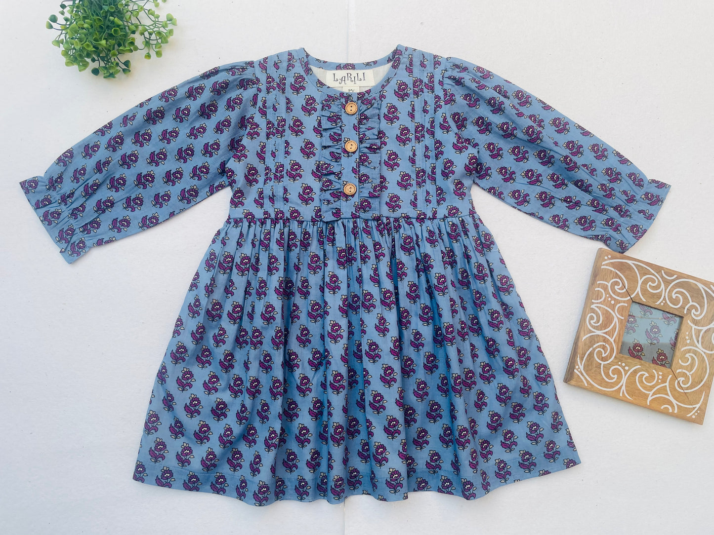 Long Sleeves Pale Blue Hand Block Printed Girl's Dress