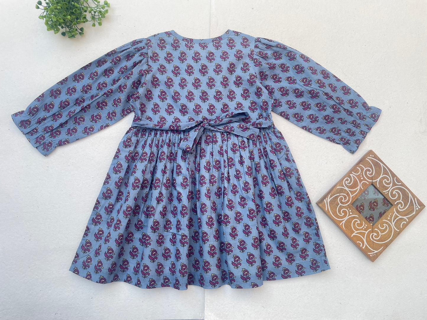 Long Sleeves Pale Blue Hand Block Printed Girl's Dress