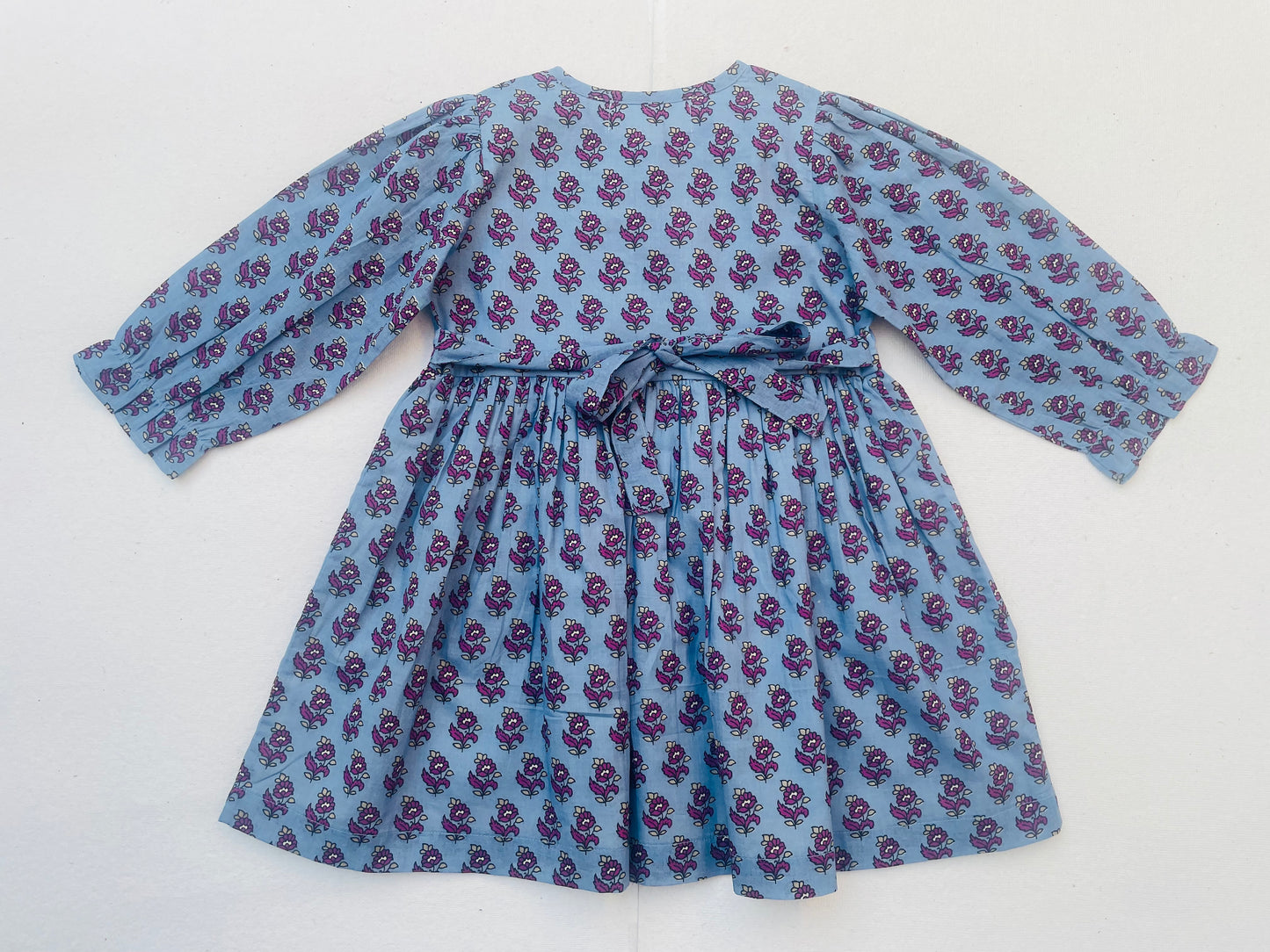 Long Sleeves Pale Blue Hand Block Printed Girl's Dress